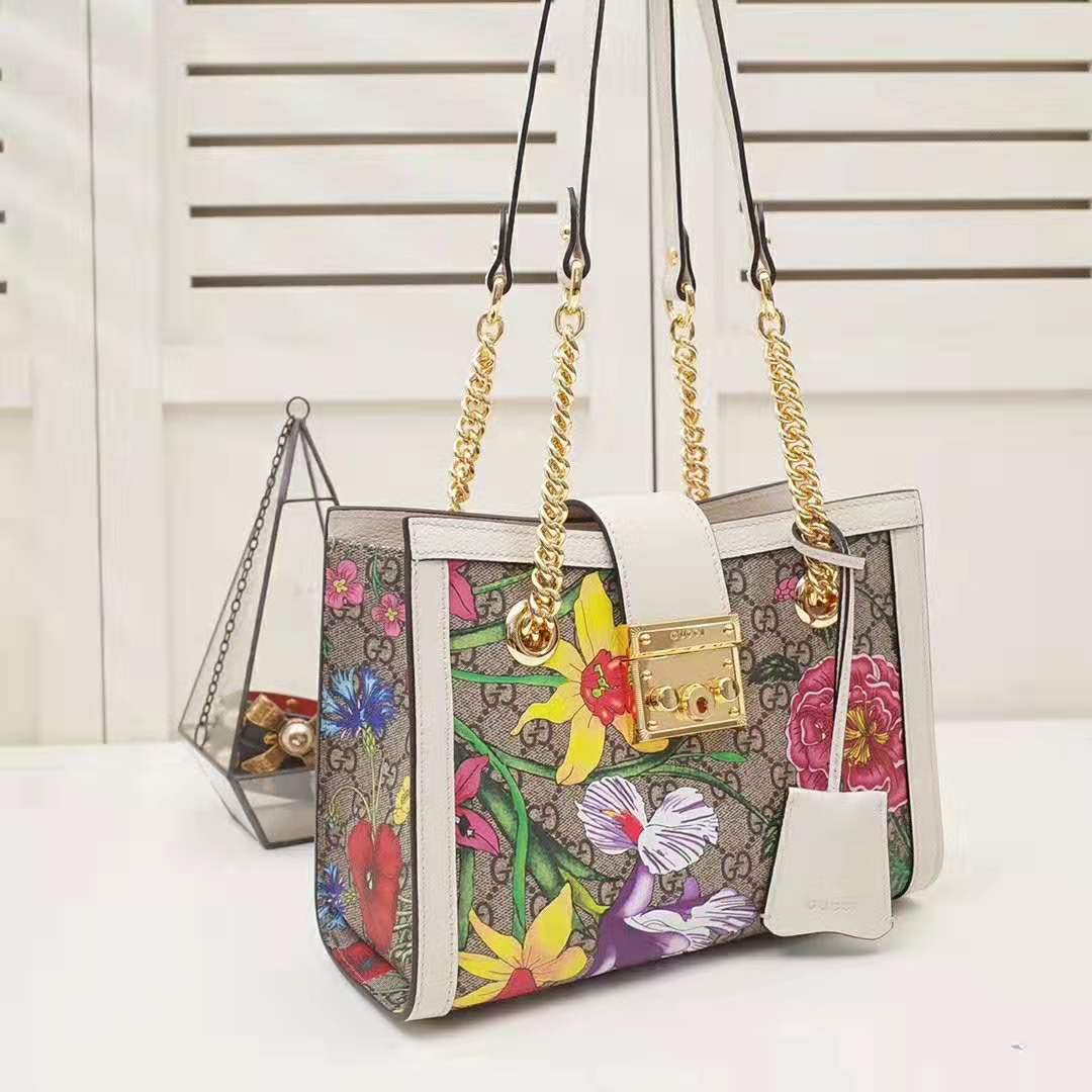 Gucci GG Women Padlock GG Flora Small Shoulder Bag in Beige/Ebony GG Supreme Canvas - LULUX