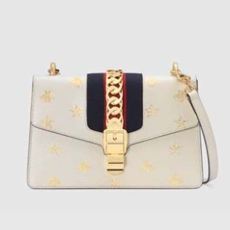 Gucci GG Women Sylvie Bee Star Small Shoulder Bag in Leather with Gold Bees and Stars Print - LULUX