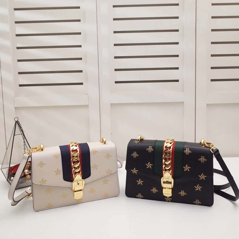 Gucci GG Women Sylvie Bee Star Small Shoulder Bag in Leather with Gold Bees and Stars Print - LULUX