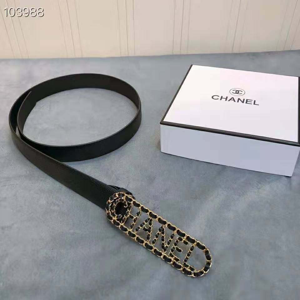 Chanel Women Calfskin Gold-Tone Metal & Lambskin Belt-Black - LULUX