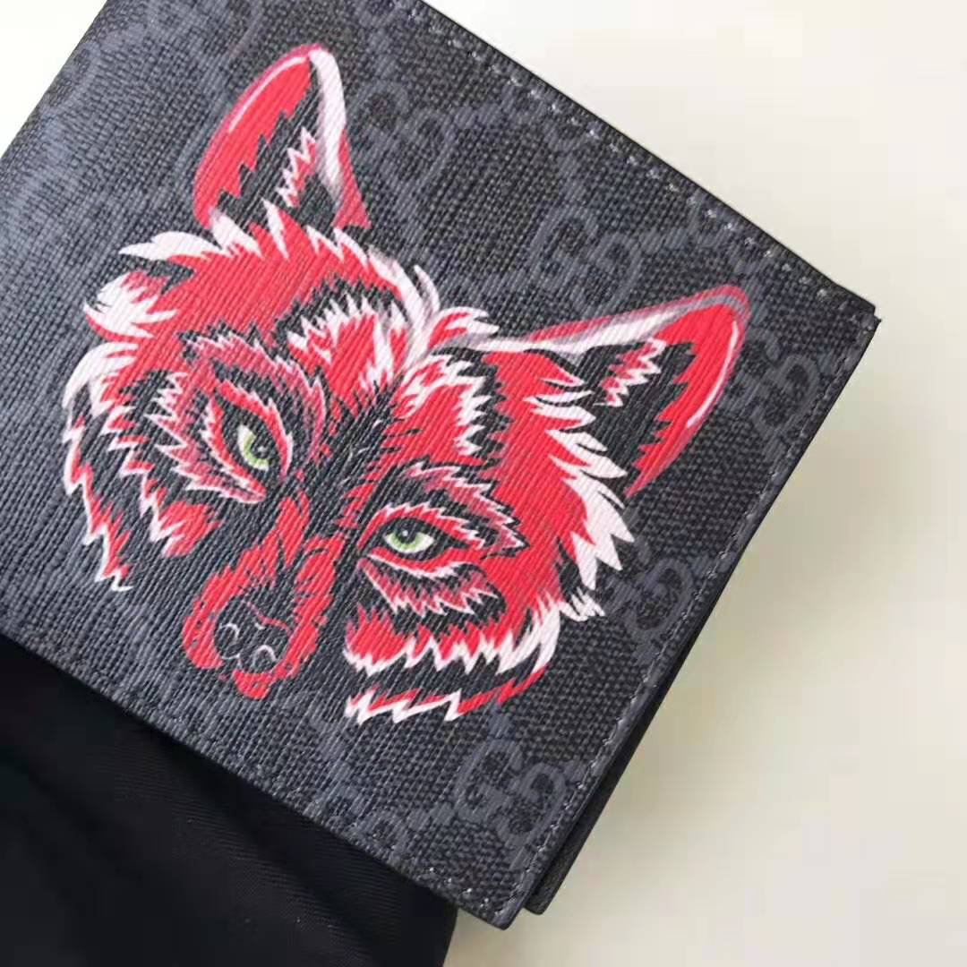 Gucci GG Men GG Supreme Wallet with Wolf in Black and Grey GG Supreme Canvas - LULUX