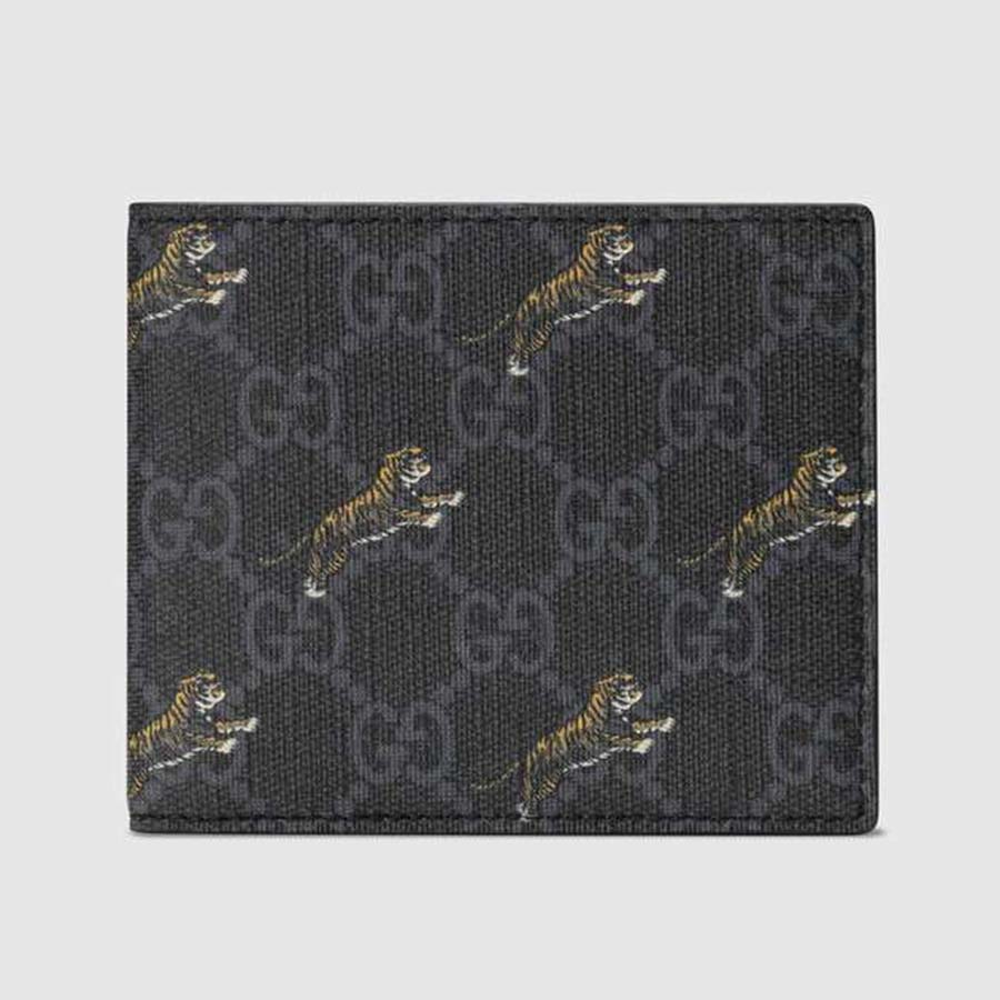 Gucci GG Men GG Wallet with Tiger Print in Black/Grey GG Supreme Canvas - LULUX