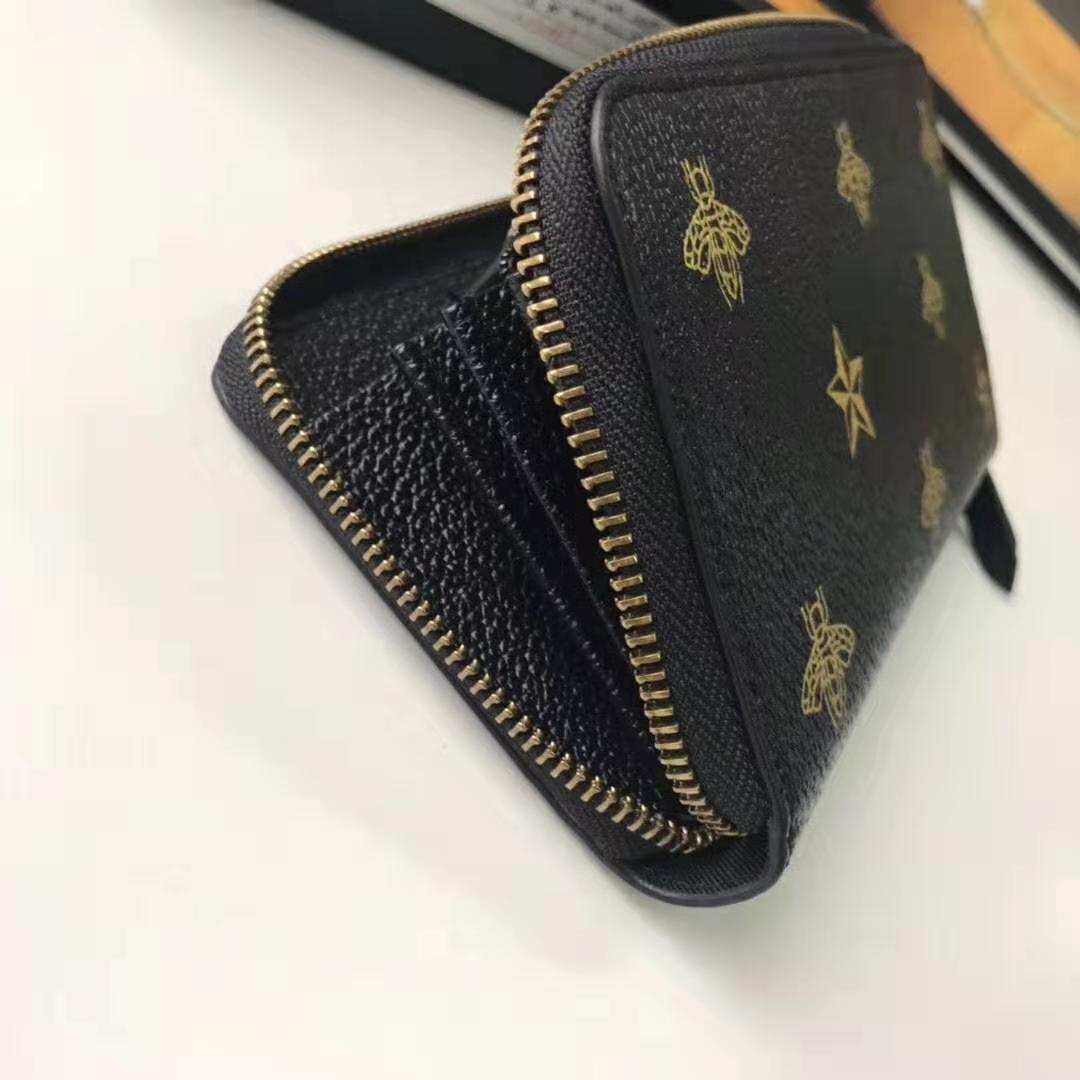 Gucci GG Unisex Bee Star Leather Zip Around Wallet in Black Metal-Free