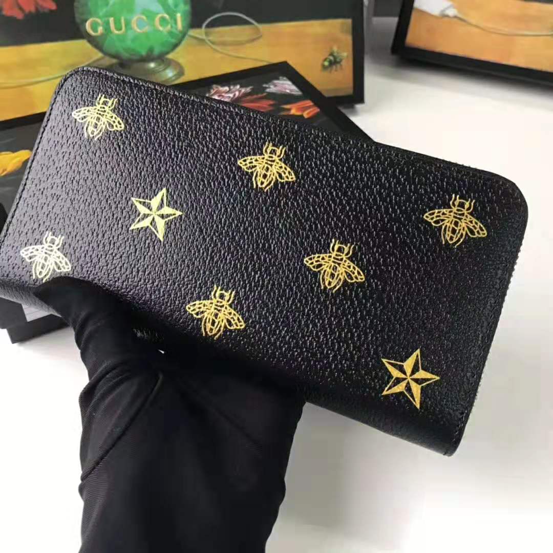 Gucci GG Unisex Bee Star Leather Zip Around Wallet in Black Metal-Free