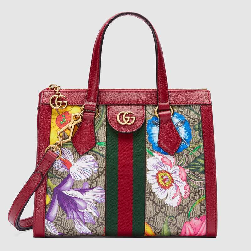 Gucci GG Women Ophidia GG Flora Small Tote Bag in Beige/Ebony GG ...