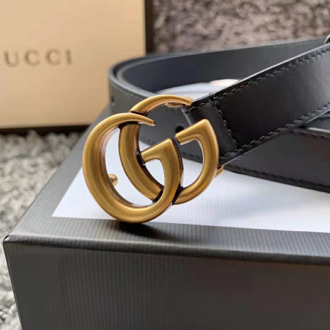 Gucci Unisex GG Marmont Leather Belt with Shiny Buckle-Black - LULUX