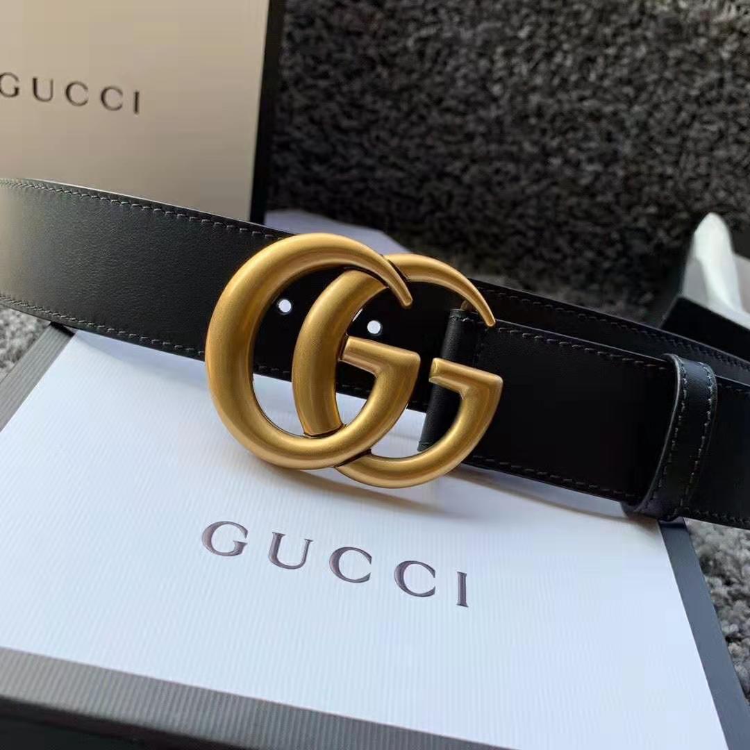 Gucci Unisex GG Marmont Leather Belt with Shiny Buckle in 3.8cm Width-Black - LULUX
