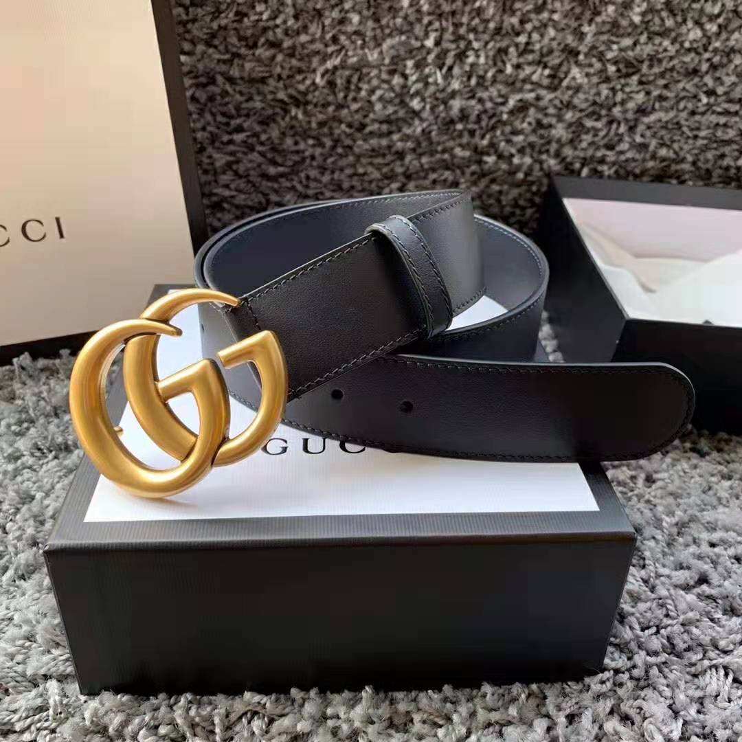 Gucci Unisex GG Marmont Leather Belt with Shiny Buckle in 3.8cm Width-Black - LULUX
