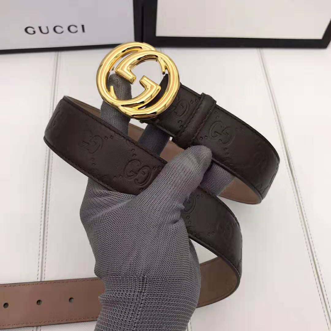 Gucci Unisex Gucci Signature Leather Belt with Interlocking G Buckle-Brown - LULUX