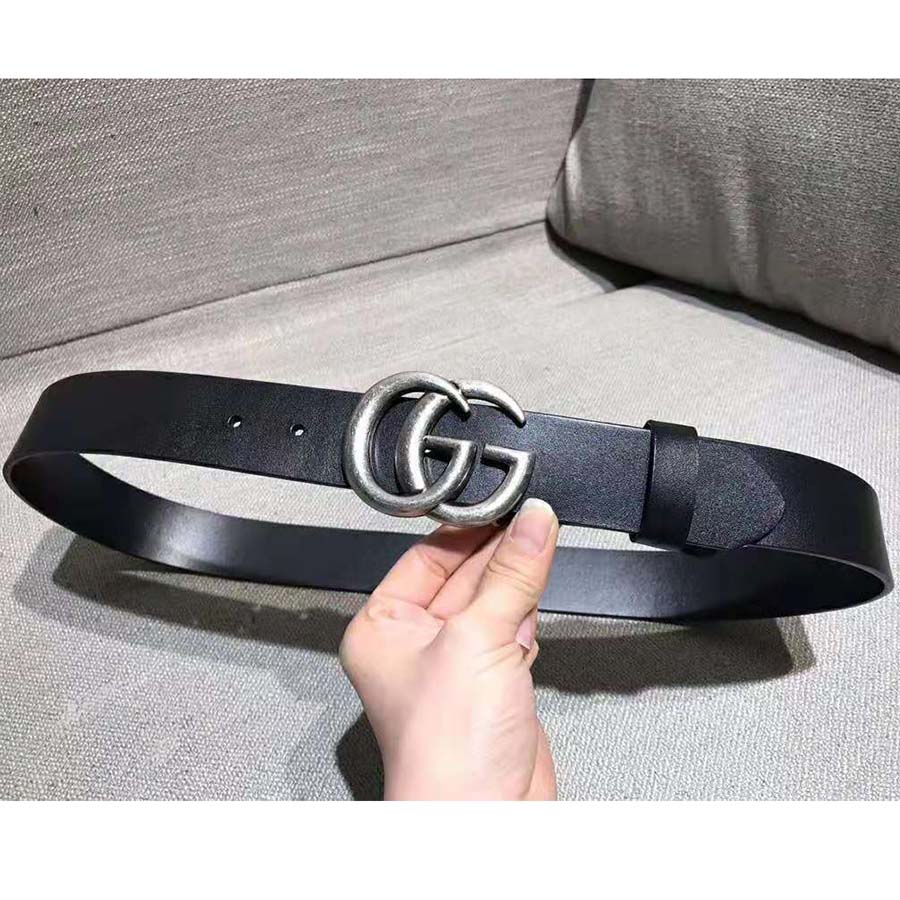 Gucci Unisex Leather Belt with Double G Buckle in 2.5cm Width-Black and Silver - LULUX