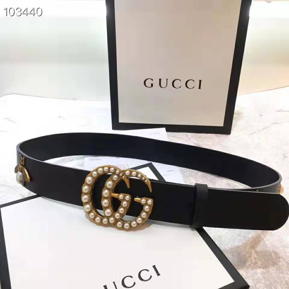 Gucci Unisex Leather Belt with Pearl Double G-Black - LULUX