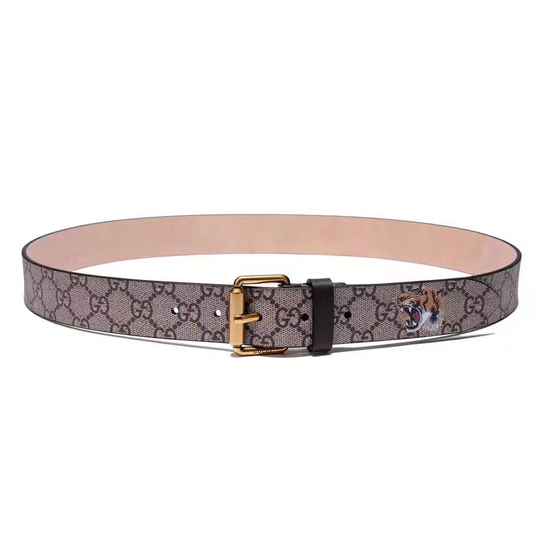 Gucci Unisex Tiger Print GG Supreme Belt in Beige/Ebony GG Supreme ...