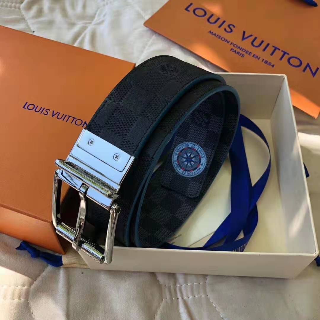 Louis Vuitton LV Unisex Damier Print 40mm Reversible Belt in Damier Canvas-Blue - LULUX
