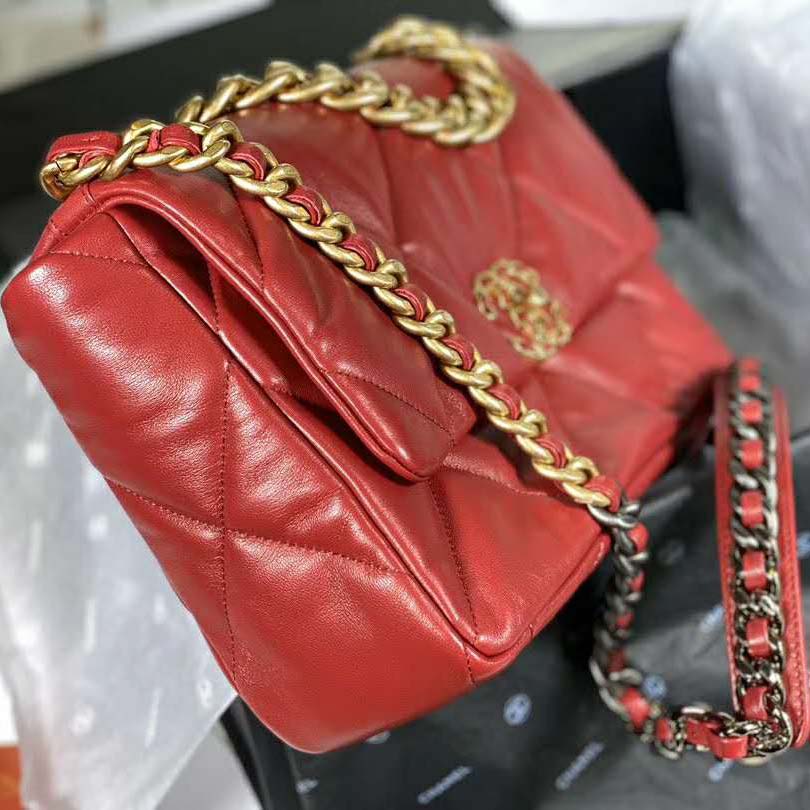Chanel Women Chanel 19 Large Flap Bag Goatskin Leather-Red - LULUX