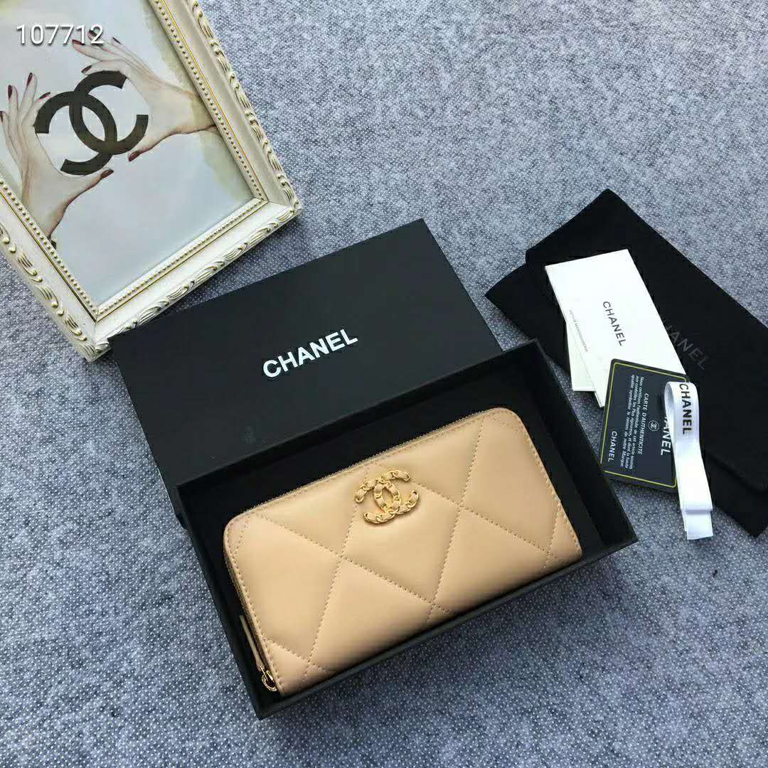 Chanel Women Chanel 19 Long Zipped Wallet Lambskin Leather-Beige ...