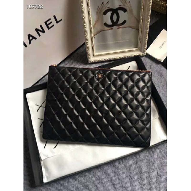 Chanel Women Classic Large Pouch in Grained Calfskin Leather-Black - LULUX