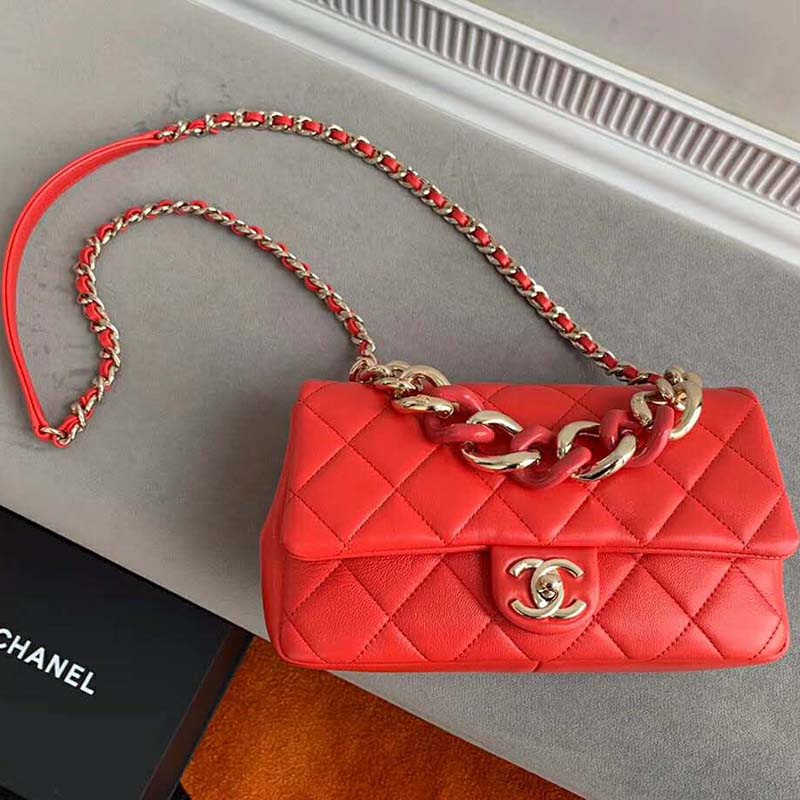 Chanel Women Flap Bag Lambskin Resin & Gold-Tone Metal-Red - LULUX