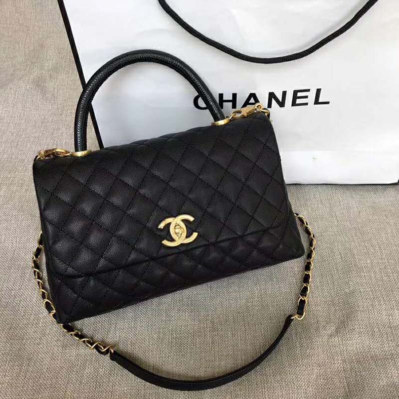 Chanel Women Flap Bag with Top Handle in Grained Calfskin-Black - LULUX
