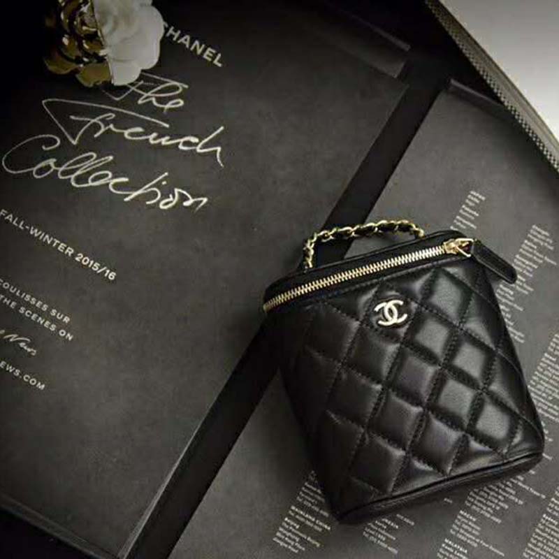 Chanel Women Small Mini Vanity with Classic Chain Lambskin-Black - LULUX