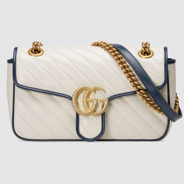 Gucci GG Marmont small shoulder shoulder bag hardware women's bag diagonal chain  pochette leather Silvery White Navy blue ref.711548 - Joli Closet