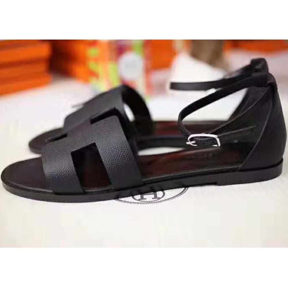 Hermes Women Santorini Sandal in Epsom Calfskin-Black - LULUX
