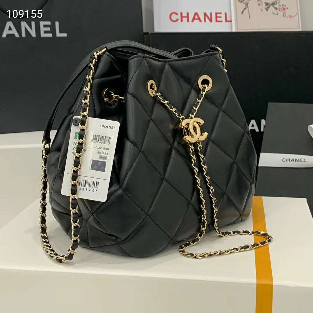 Chanel Women Drawstring Bag Aged Calfskin & Silver-Tone Metal-Black - LULUX