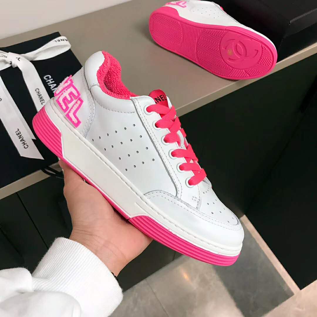 Chanel Women Sneakers Calfskin White &amp; Fuchsia LULUX