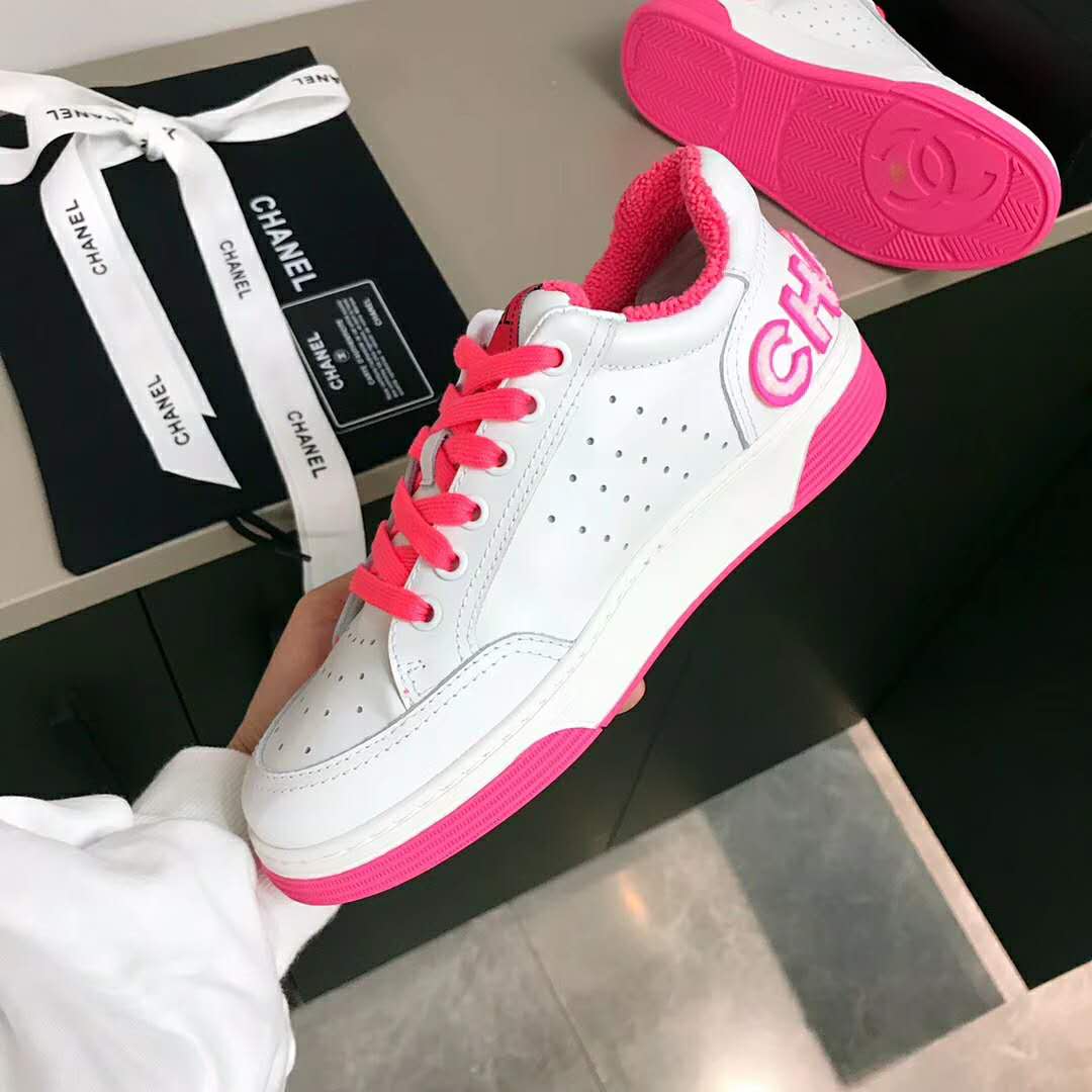 Chanel Women Sneakers Calfskin White &amp; Fuchsia LULUX