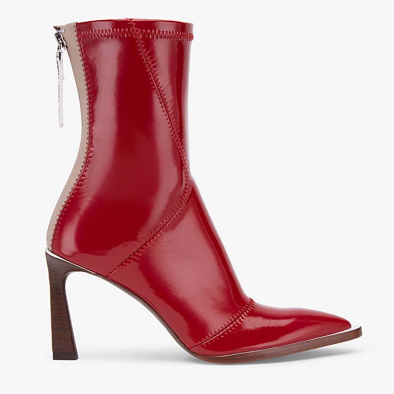 Fendi Women Glossy Red Neoprene Ankle Boots FFrame Pointed-Toe - LULUX