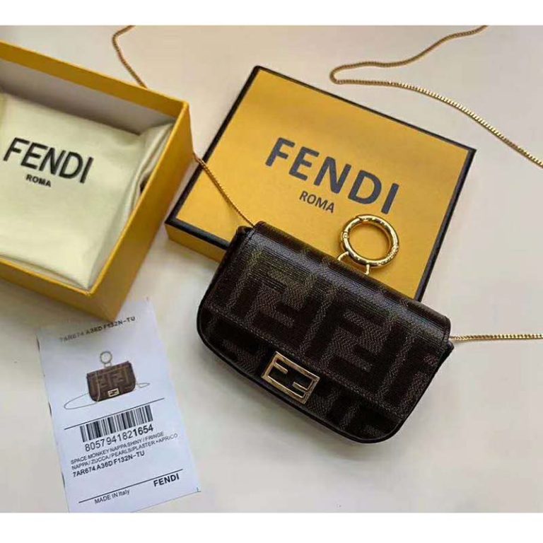 Fendi Women Nano Baguette Charm Brown Fabric Charm Jacquard FF - LULUX