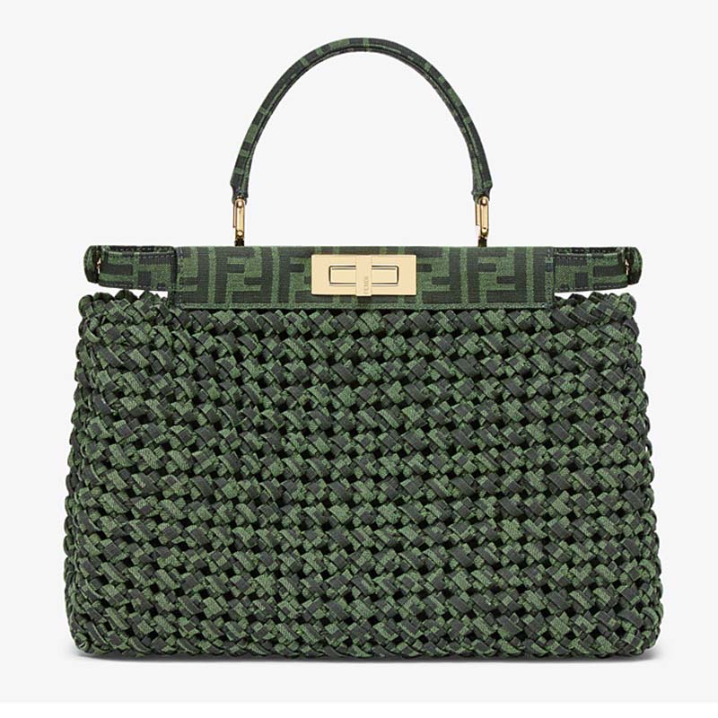 Fendi Women Peekaboo Iconic Medium Jacquard Fabric Interlace Bag-Dark ...