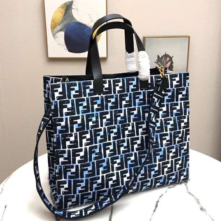 Fendi Women Shopper Bag Blue Glazed Fabric Canvas FF Bag - LULUX