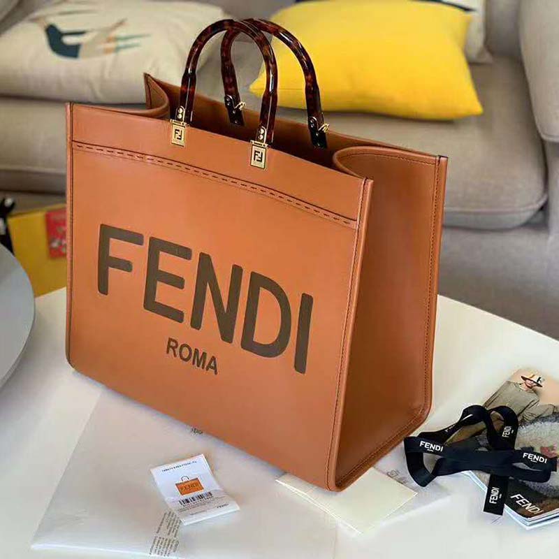 Fendi Women Sunshine Shopper Bag Brown Leather Shopper “FENDI ROMA” - LULUX