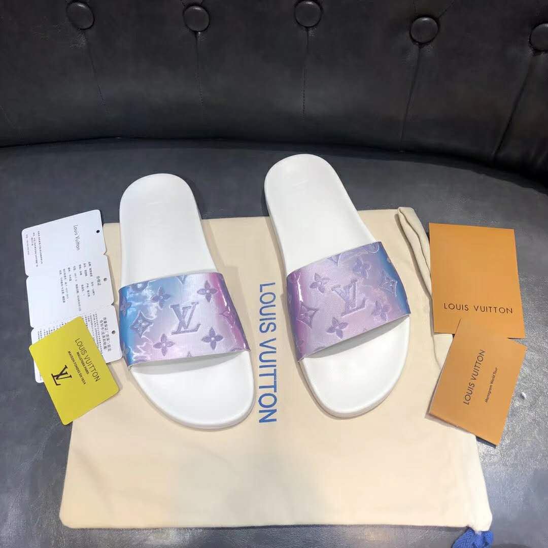 Louis Vuitton Rubber Slide Sandal In White/Blue Monogram - Praise