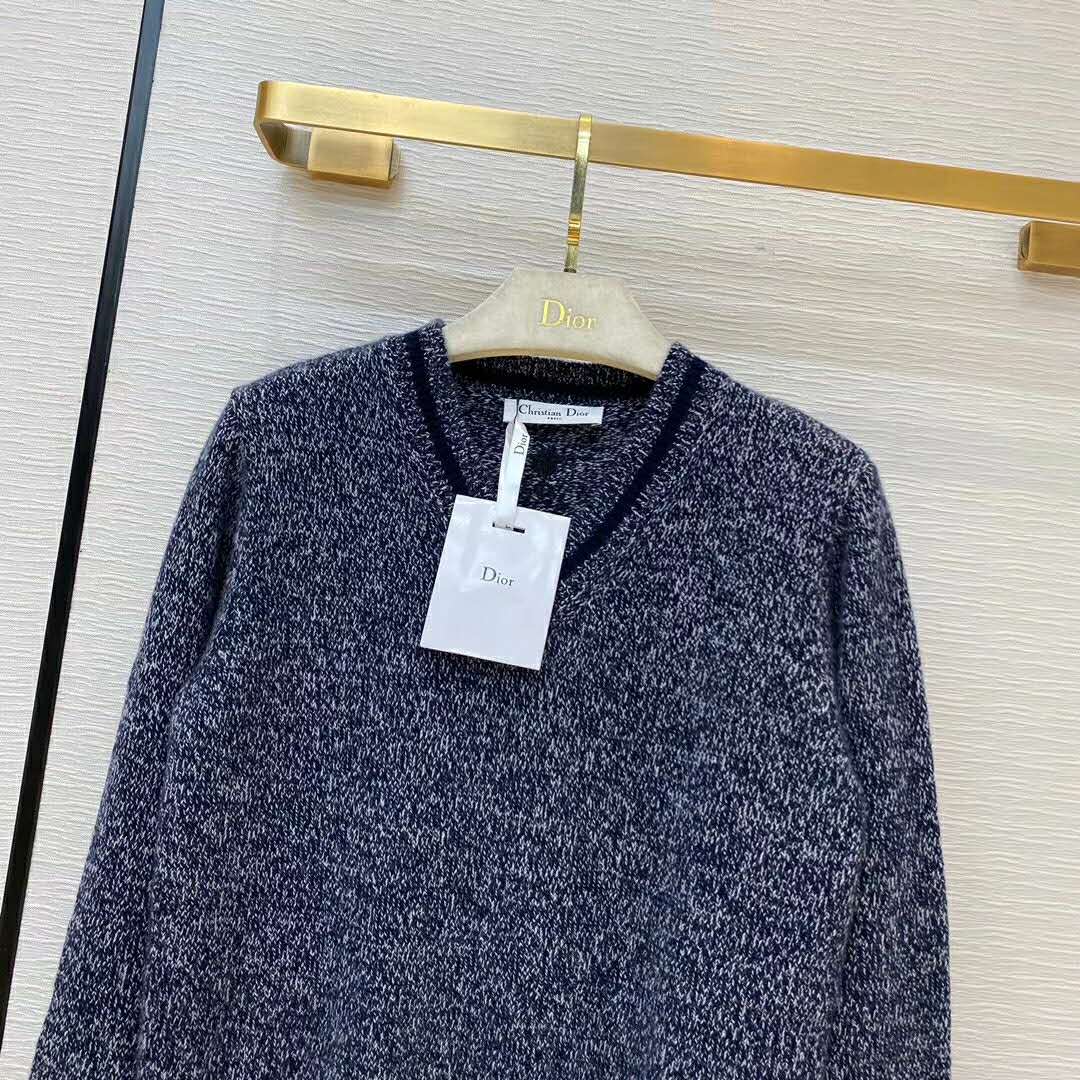 Dior Women V-Neck Sweater Blue and Gray Cashmere and Wool - LULUX