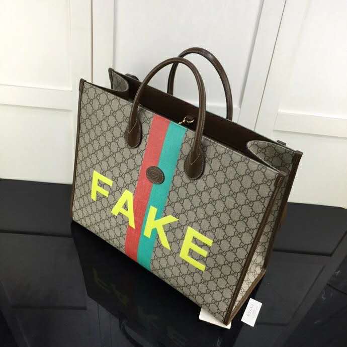Gucci Unisex 'Fake/Not' Print Large Tote Bag GG Supreme Canvas - LULUX