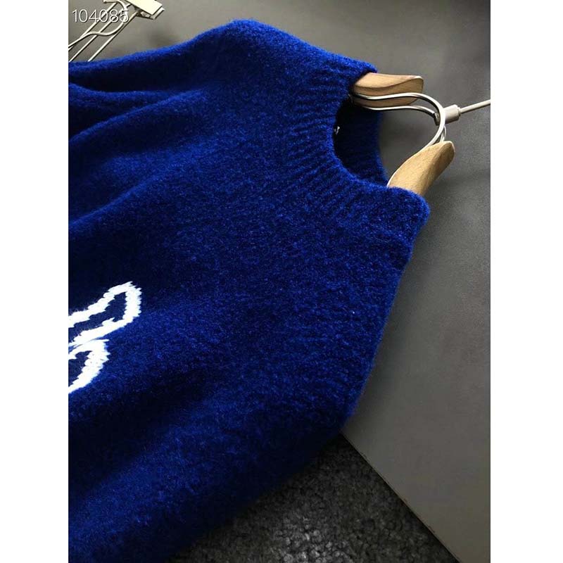Louis Vuitton LV Men LV Intarsia Crewneck Regular Fit Wool-Blue - LULUX