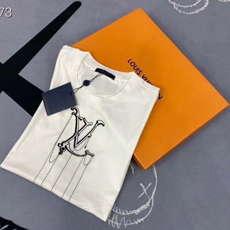 Louis Vuitton Men LV Pendant Embroidery T-Shirt Cotton White Loose Fit ...