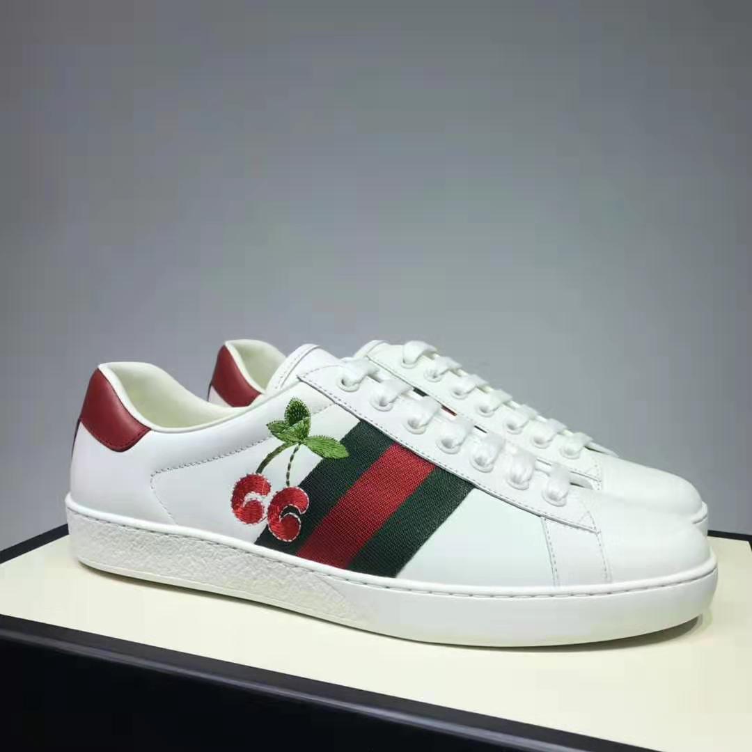 Gucci GG Unisex Ace Sneaker with Cherry White Leather Green Red Web - LULUX