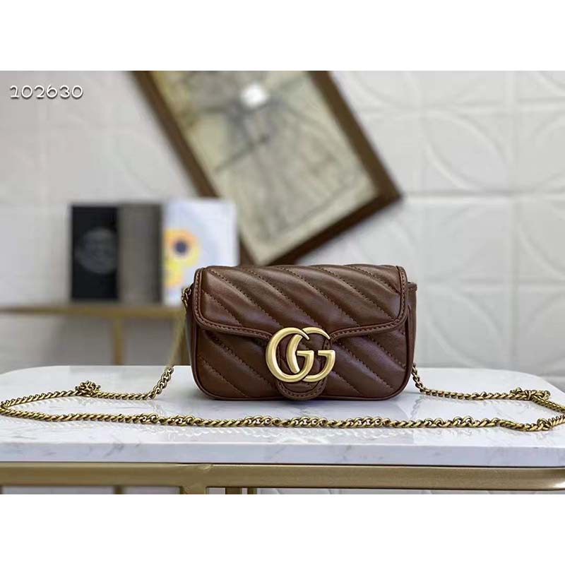 Gucci Brown, Pattern Print GG Marmont Matelassé Super Mini Chain Bag