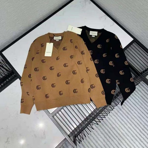 Gucci Men Double G Jacquard Wool V Neck Sweater Camel And Brown Lulux