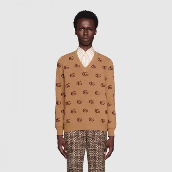 Gucci Men Double G Jacquard Wool V-Neck Sweater Camel and Brown (13)