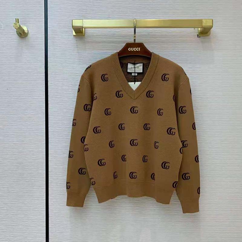 Gucci Women Double G Jacquard Wool V Neck Sweater Camel And Brown Lulux