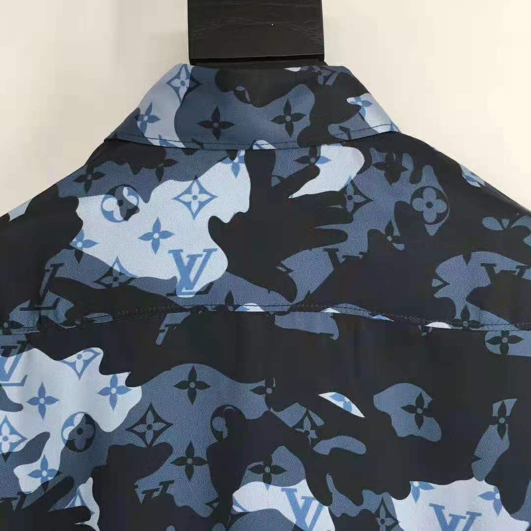 Louis Vuitton Men Camo Regular Silk Shirt LV Signature Blue