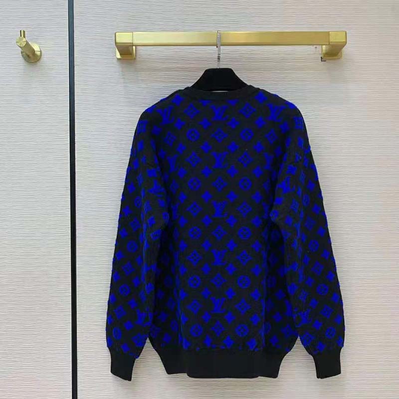 Louis Vuitton Men's Full Monogram Crew Neck Sweater Cotton and Acrylic  Blend Jacquard Blue 15210211