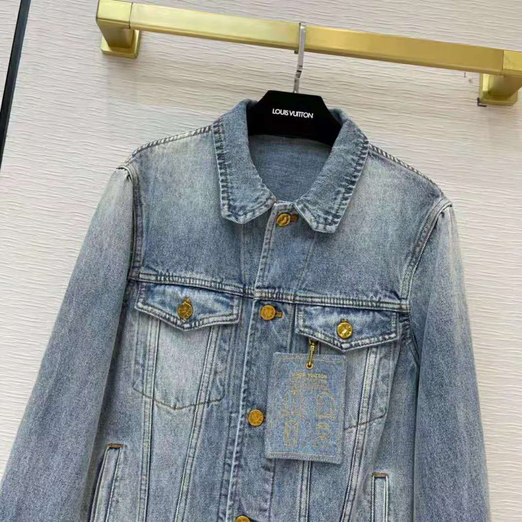 Louis Vuitton LOUIS VUITTON jacket bleach denim no collar ladies outerwear  indigo blue/white Cotton Polyurethane ref.615991 - Joli Closet