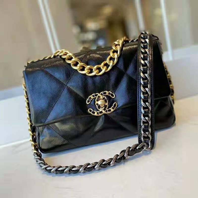 Chanel 19 maxi handbag, Shiny lambskin, gold-tone, silver-tone &  ruthenium-finish metal, black — Fashion