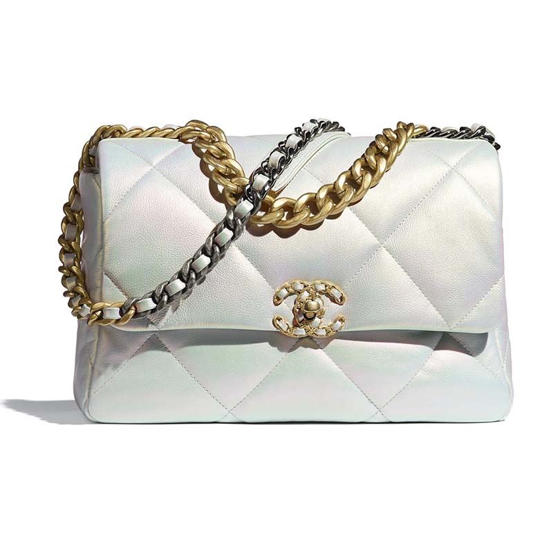 Chanel 19 Flap Bag Goatskin Gold/Ruthenium-tone Large White in