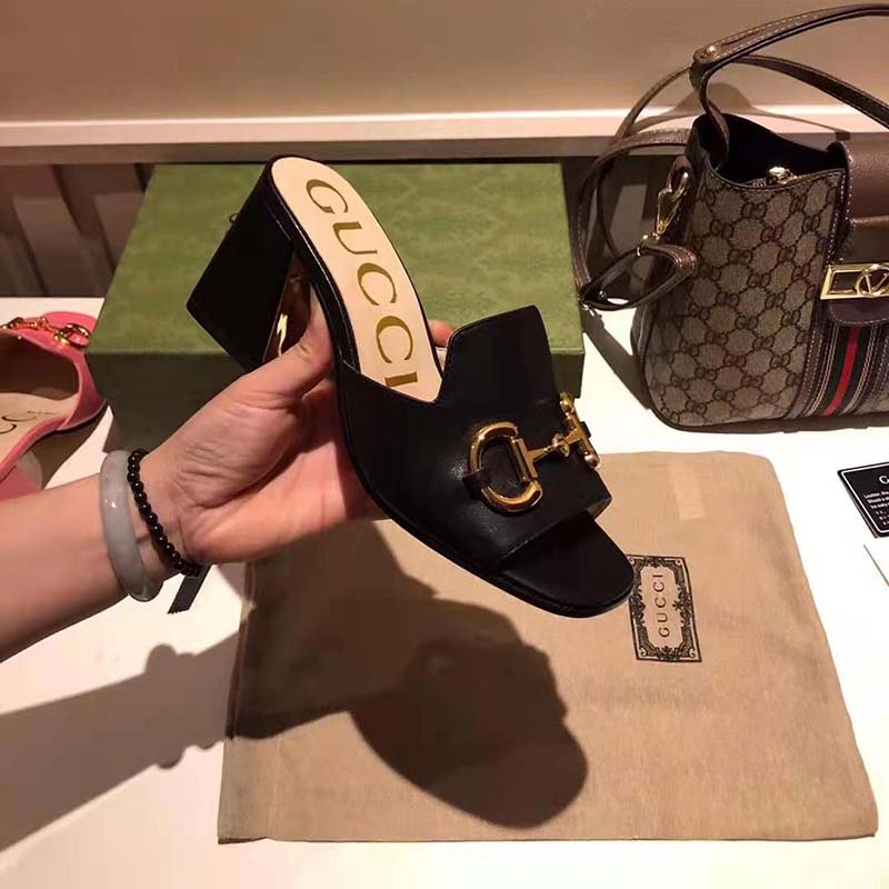 Gucci GG Women Slide Sandal with Horsebit Black Leather 8 cm Heel - LULUX