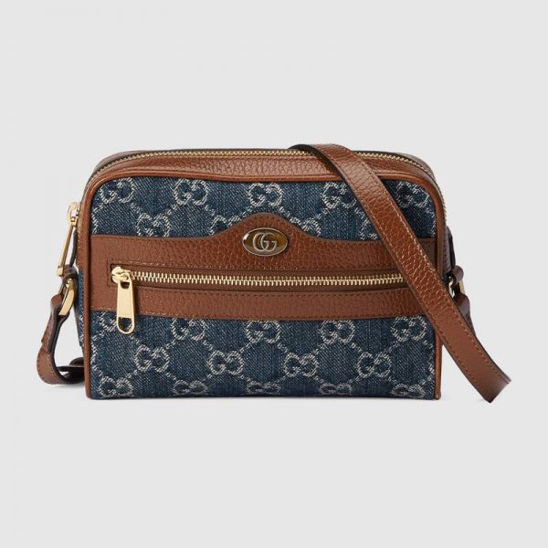 Gucci Women Ophidia GG Mini Bag Jacquard Denim Brown Leather Double G